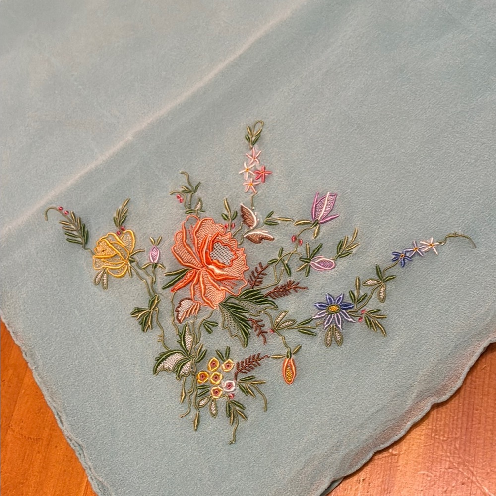 Vintage Chiffon Floral Embroidered Scarf in Light Blue - Picture 3 of 10